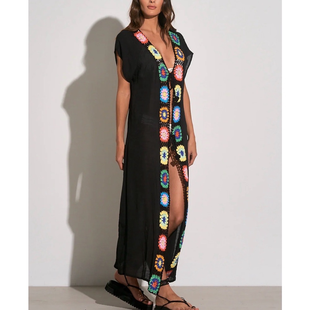 Elan Black Maxi Swim Cover-Up with Multicolor Crochet Trim - Picture 2 of 11